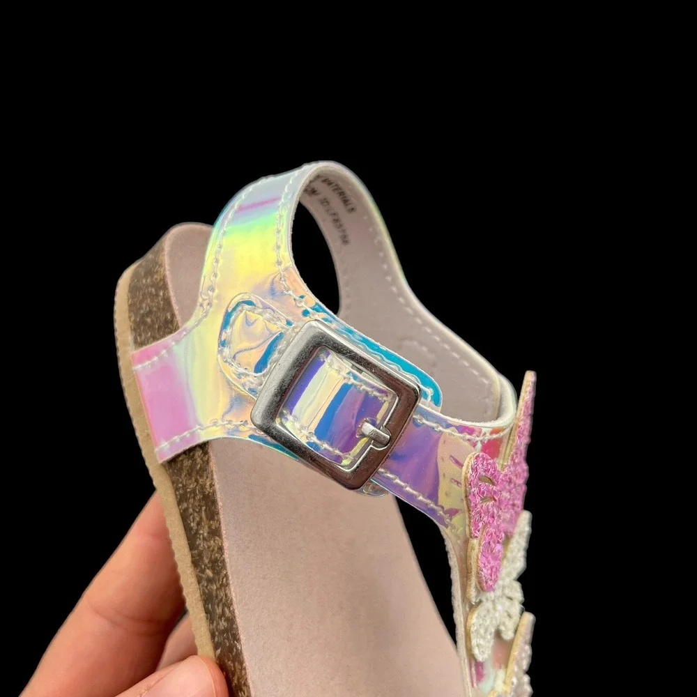 Maggie & Zoe Toddler Girls Butterfly Thong Sandals Size 6 Silver-Tan Lightweight